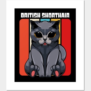 British Shorthair - Cute Retro Style Kawaii Cat Posters and Art